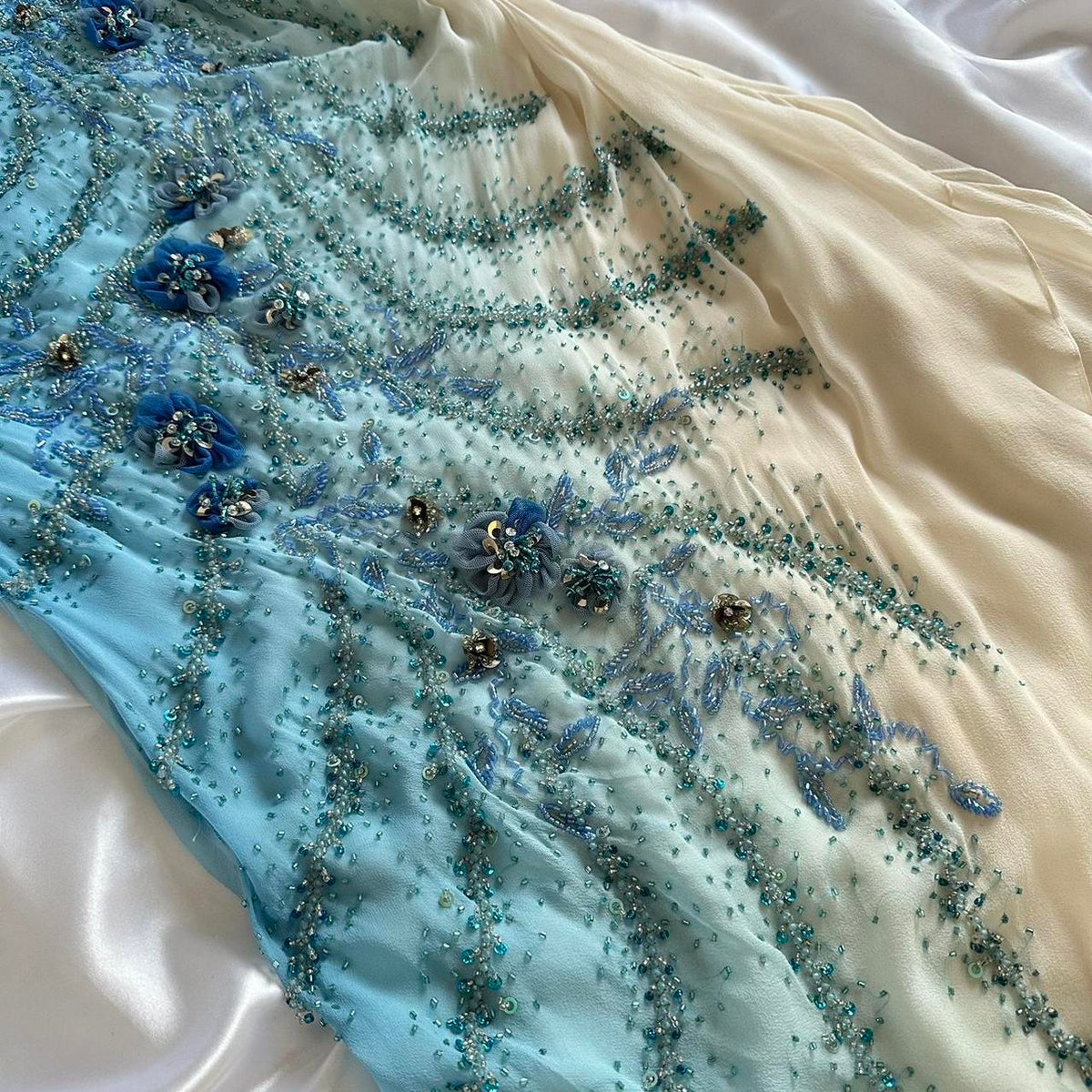 Blue Gorgeous Beautiful Stylish Unique Elegant Exquisite Floral Beading Long Chiffon Ball Gowns Prom Dress