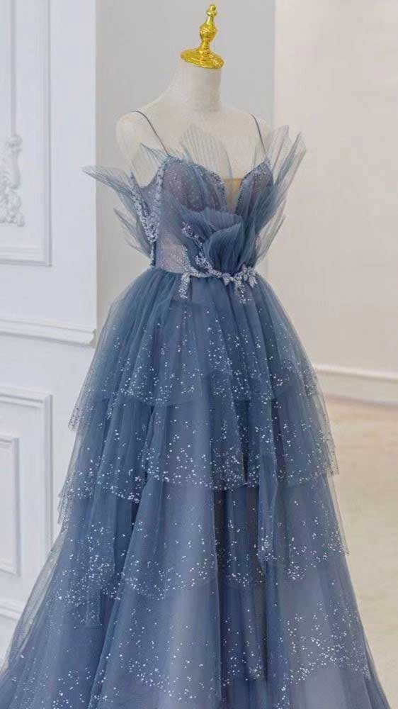Blue Gorgeous Shiny Elegant Applique Long Tulle Ball Gowns Prom Gowns Graduation Dresses
