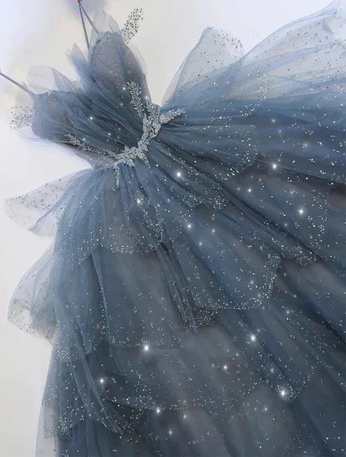 Blue Gorgeous Shiny Elegant Applique Long Tulle Ball Gowns Prom Gowns Graduation Dresses