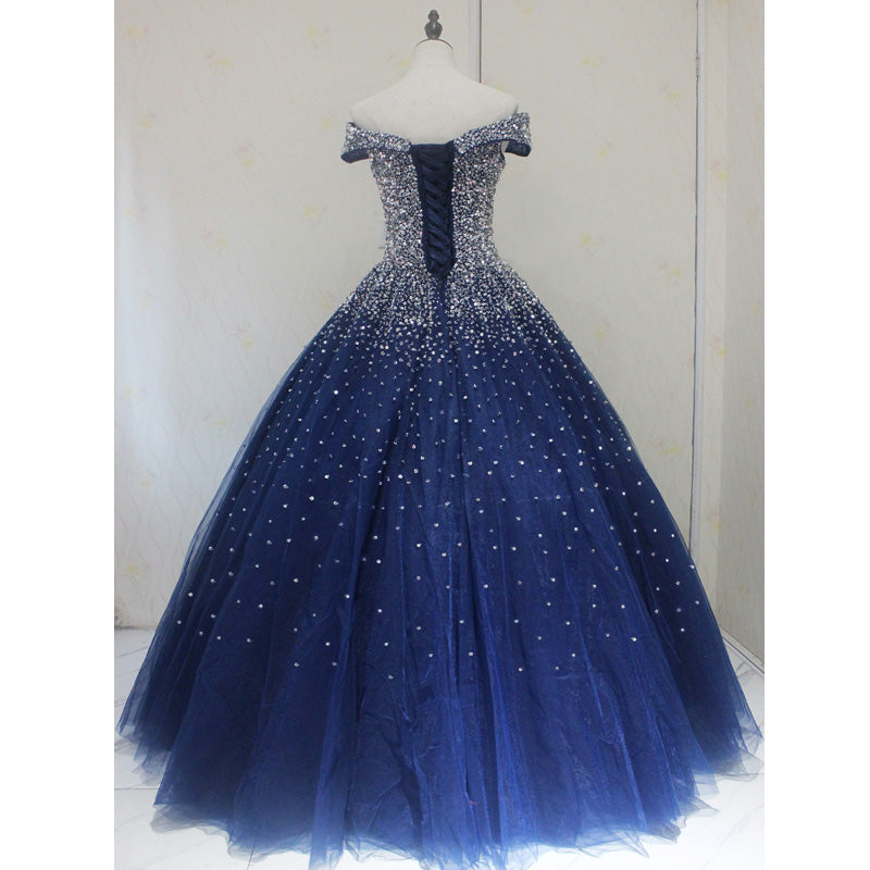 Blue Sequins Sweetheart Ball Gowns Sweet 16 Gowns, Blue Tulle Prom Dresses