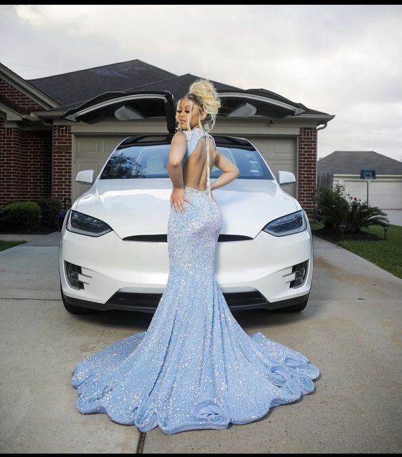 Blue Gorgeous Shiny Sequins Long Mermaid Slim Ball Gowns Prom Dresses
