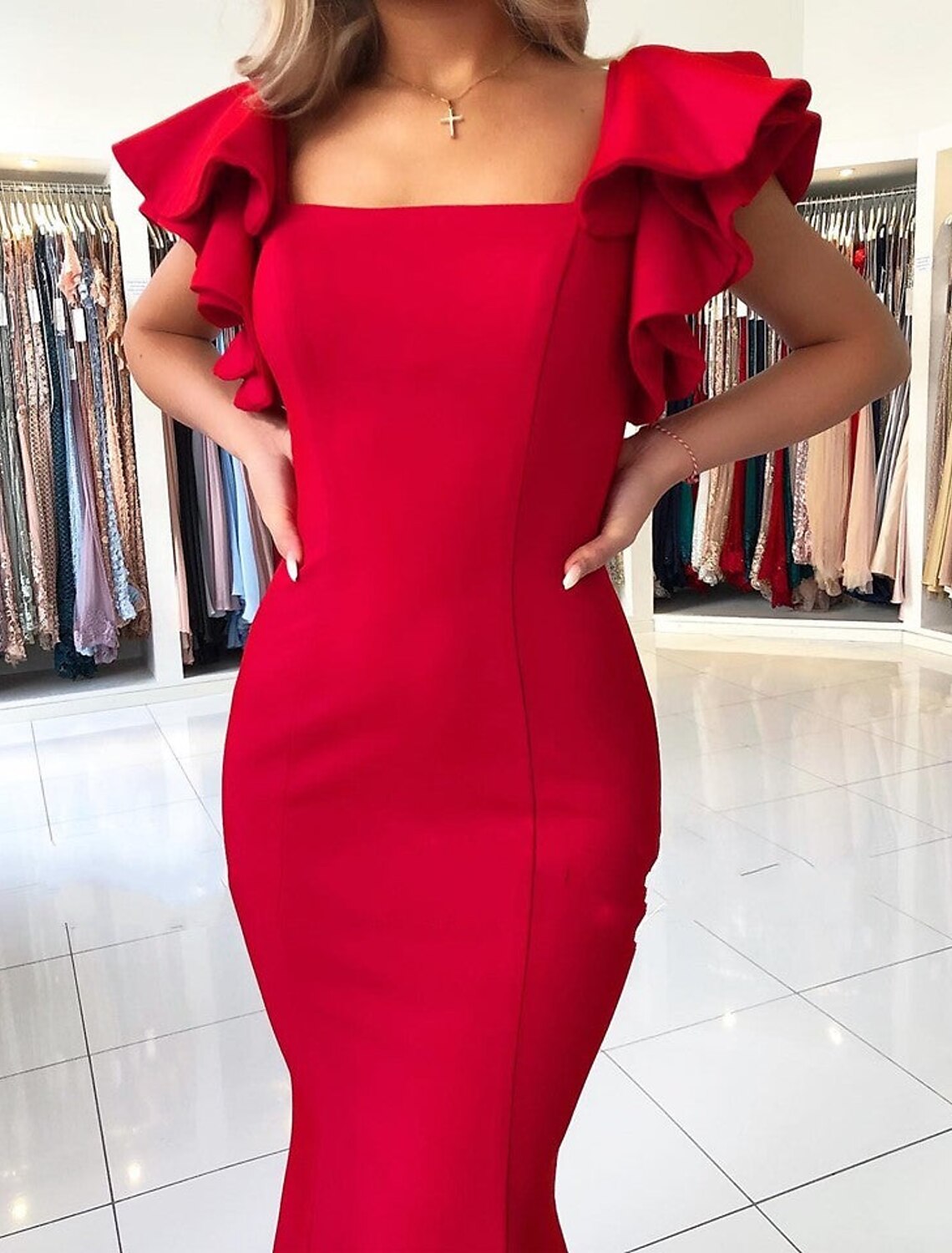Mermaid / Trumpet Evening Gown Backless Dress Wedding Cocktail Party Sweep / Brush Train Sleeveless Square Neck Fabric with Ruffles