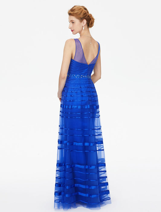A-Line Mother of the Bride Dress Open Back Straps Floor Length Tulle Satin Sleeveless No with Beading