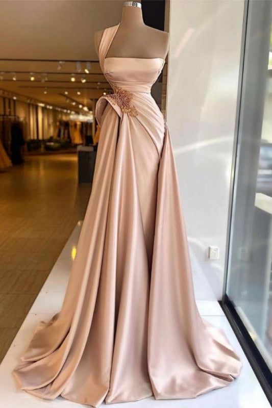 Vintage Champagne Satin One Shoulder Draped Mermaid Beaded Prom Dress TP5842