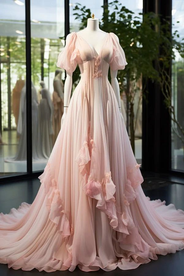 Pink Fashion Elegant A line Long Tulle Floor length Evening Dress Ball Gown Wedding Dress