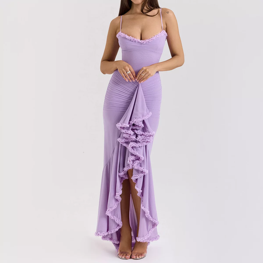 Gorgeous Ruched Evening Gown Spaghetti Strap Ruffle Formal Dress TP5775