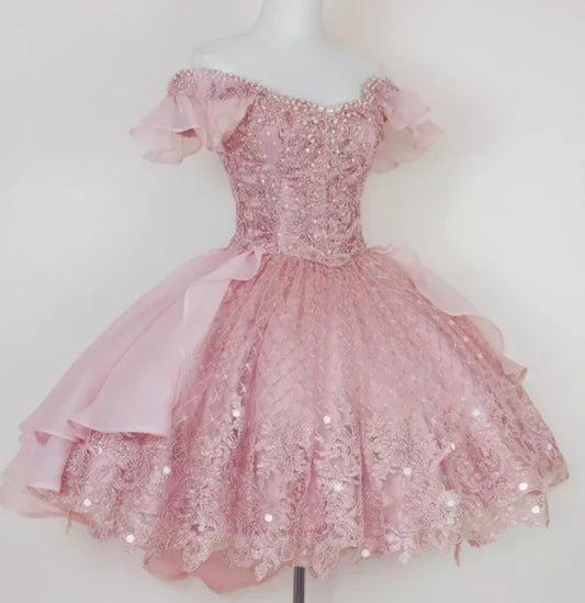 Vintage Shiny Pink Beaded Homecoming Dress Off-the-shoulder Party Dress Short A-Line Cocktail Dress TP4657
