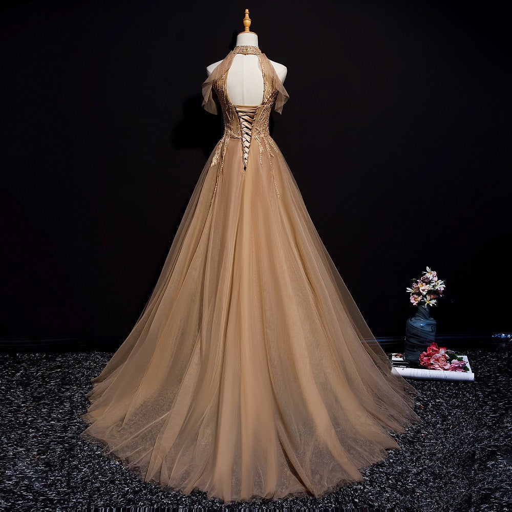 Champagne Tulle Halter Long Prom Dresses, A-Line Prom Gowns
