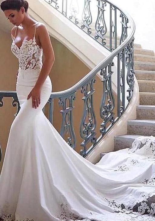 Charming Appliques Lace Mermaid Wedding Dresses With Straps, Sexy Sleeveless Prom Gowns