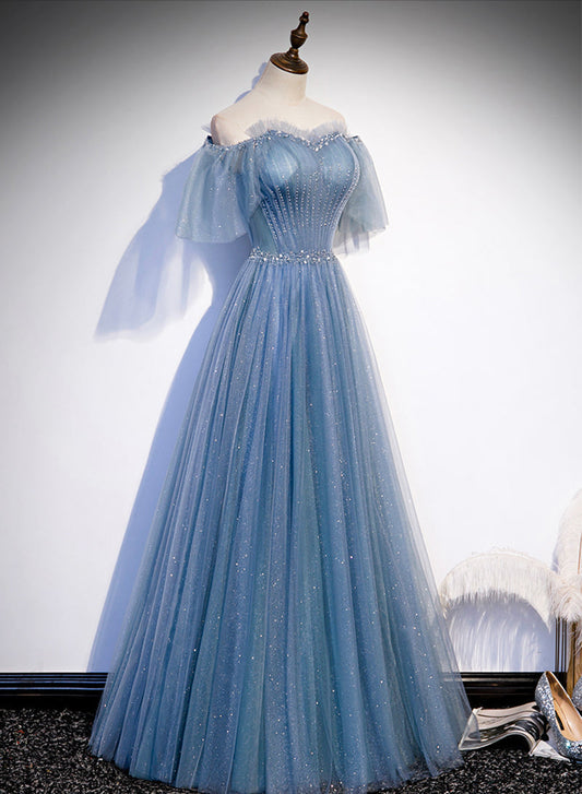 Charming Light Blue Tulle Puffy Sleeves Floor Length Prom Dress, Blue A-Line Pricess Gown Prom Dresses