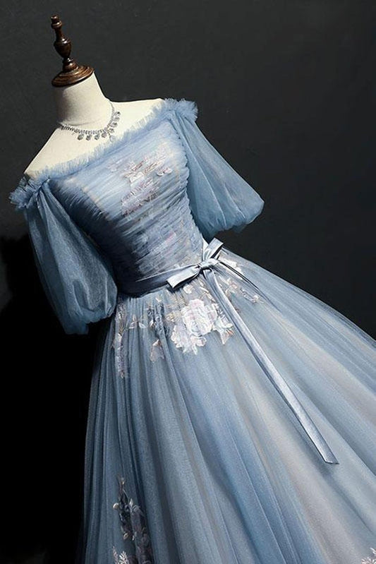 Charming Tulle Puffy Sleeves Long Prom Gowns, Prom Dresses