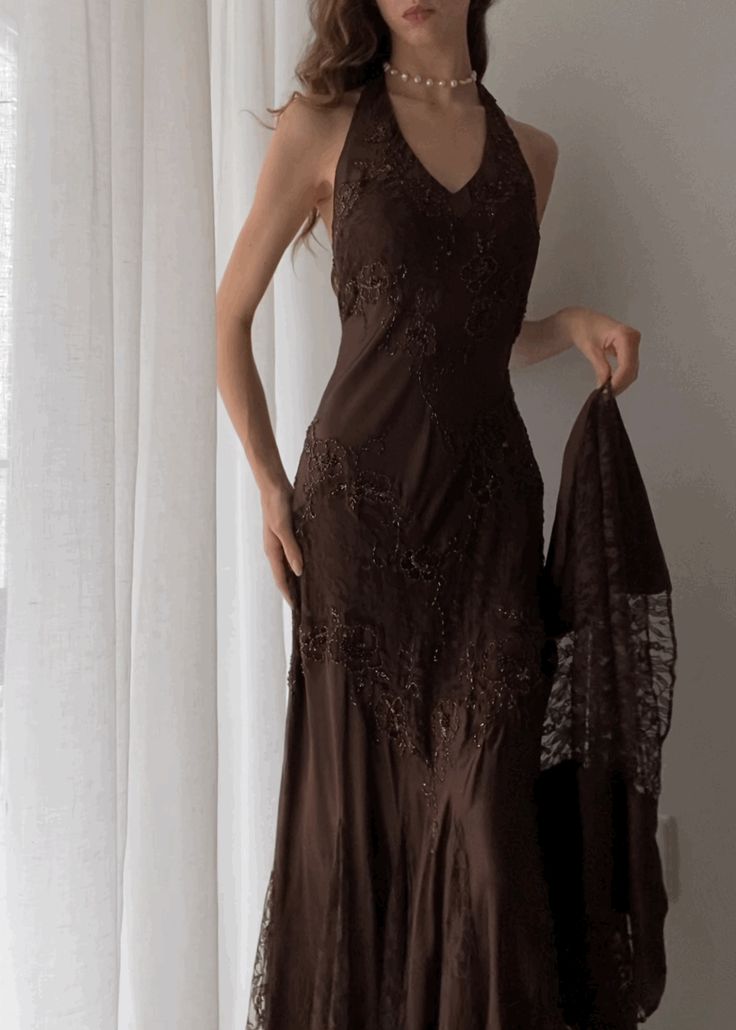 Brown Vintage Elegant Suspender Lace Spaghetti Strap Long Satin Ball Gowns Prom Dresses