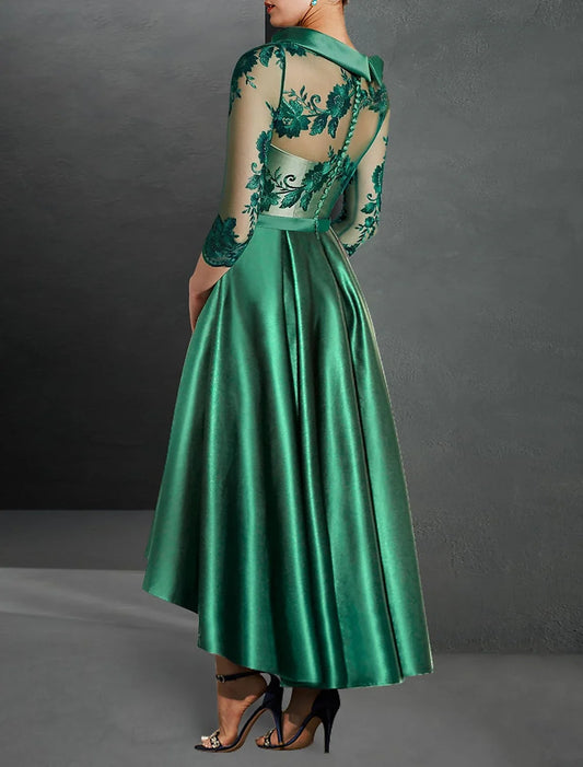A-Line Cocktail Dress Christmas Red Green Dresses Elegant Dress Christmas Red Green Dress Formal Asymmetrical 3/4 Length Sleeve Jewel Neck Fall Wedding Guest Satin with Pleats Appliques 2026