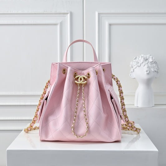 Chanel 25 Medium Size Backpack Grain Effect And Gold Metal Pink 23Cm