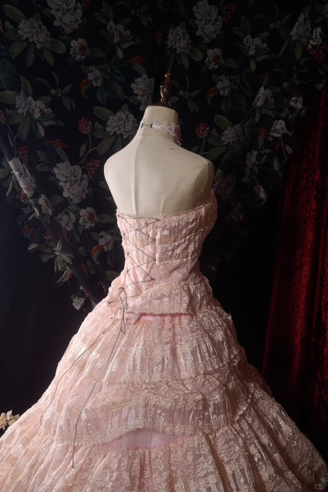 Vintage-Inspired Ruffled Pastel Pink Layered Lace A-Line Strapless Ball Gown TP5109