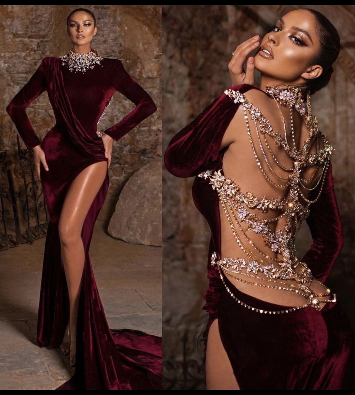 Girlhomeshops-Burgundy gorgeous exquisite beaded sexy long velvet prom dress gh5432