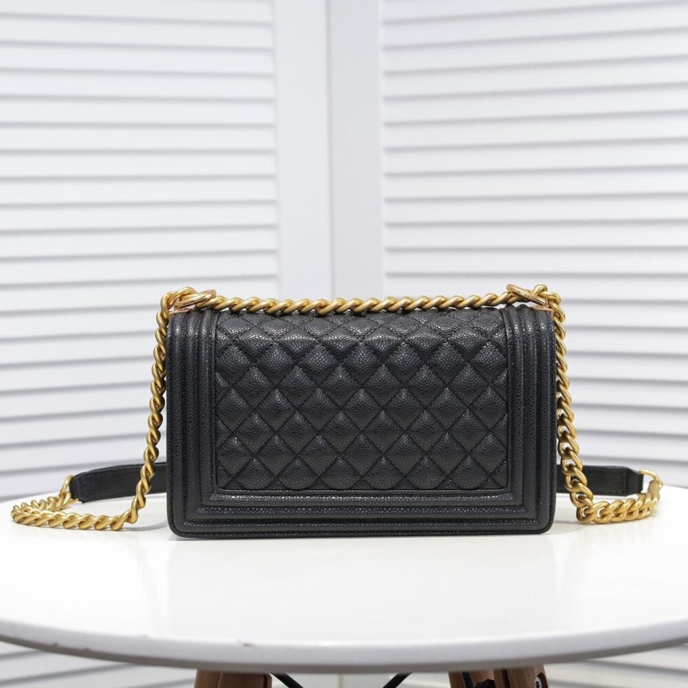 Chanel Boy Medium Handbag Grained And Gold Tone Metal Black 25Cm
