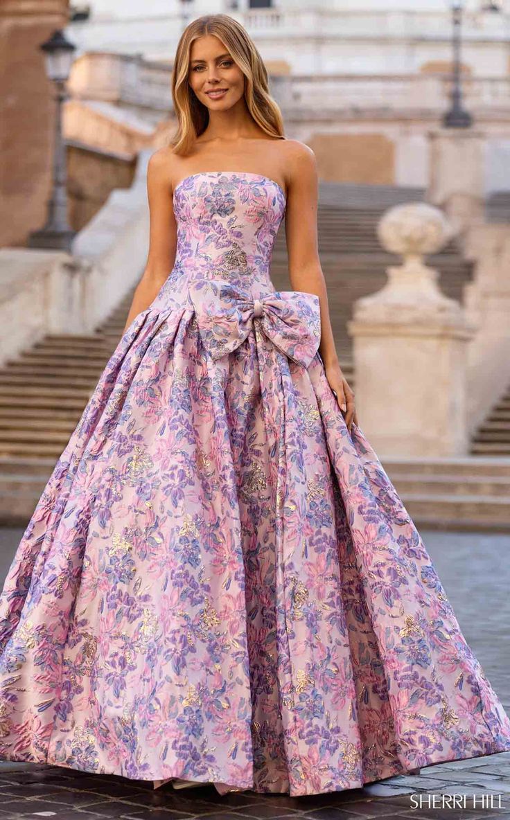 Glamorous Strapless Pink & Purple Floral Brocade Large Bow Ball Gown TP5762