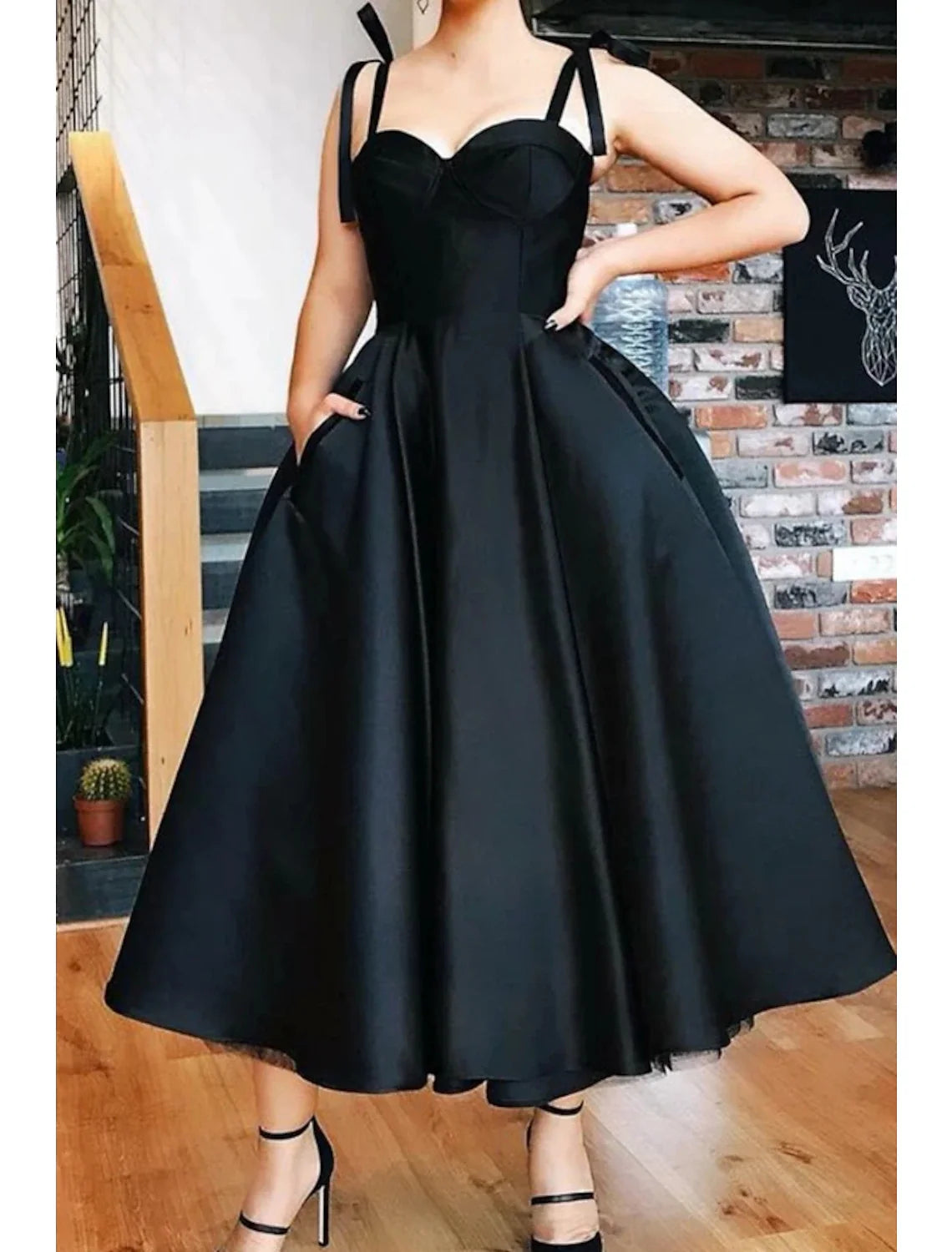 Ball Gown Cocktail Black Dress Plus Size Vintage Dress Party Wear Prom Tea Length Sleeveless Spaghetti Strap Wednesday Addams Family Satin with Pleats 2026