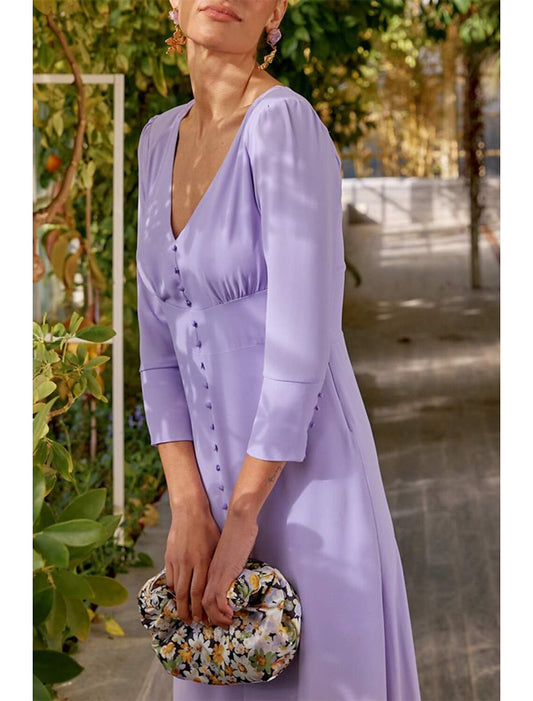 Sheath / Column Cocktail Dresses Minimalist Dress Wedding Guest Graduation Tea Length 3/4 Length Sleeve V Neck Chiffon with Buttons