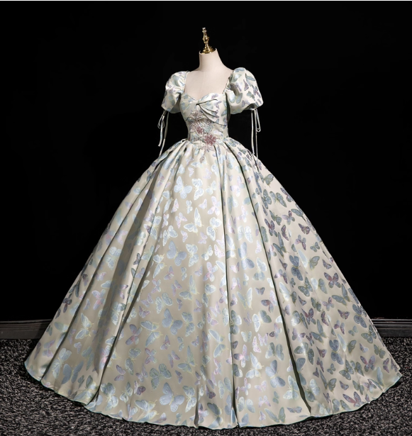 Dreamy Butterfly Jacquard Square Neck Puff Sleeve Satin Long Ball Gown Evening Dresses Sweet 16 Dresses