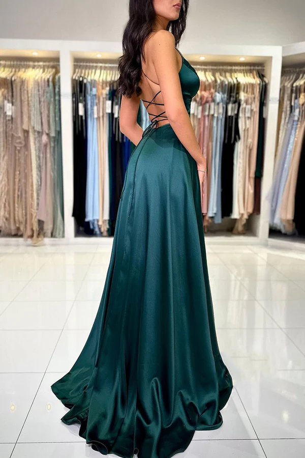 V-neck deep V-neck green blue satin slit evening dress