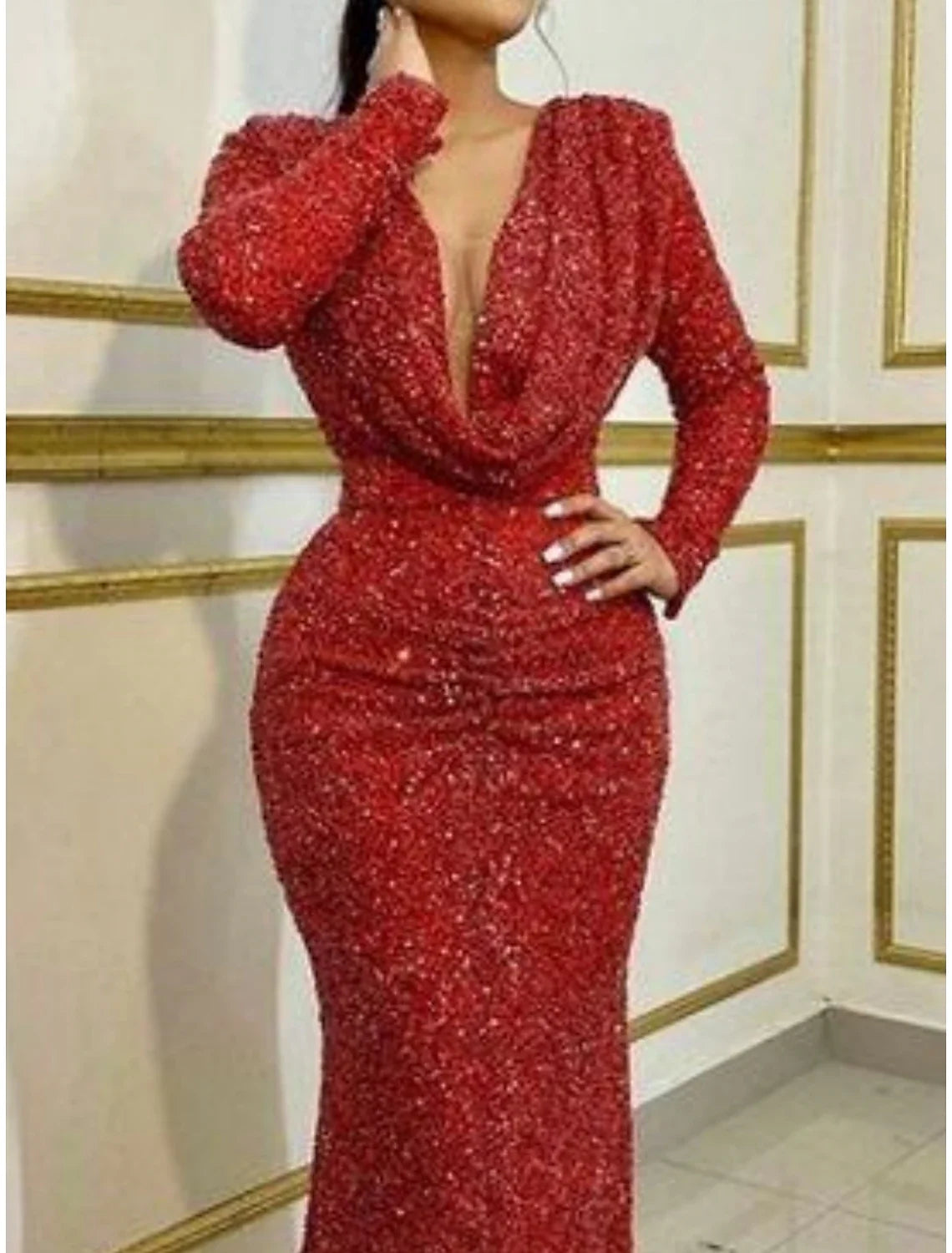 Mermaid Dress Evening Gown Elegant Christmas Red Green Dress Formal Sweep / Brush Train Long Sleeve V Neck Sequined with Glitter Pleats 2026