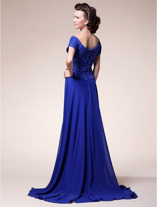 A-Line Mother of the Bride Dress Sparkle & Shine V Neck Sweep / Brush Train Chiffon Satin Short Sleeve No with Criss Cross Ruched Beading