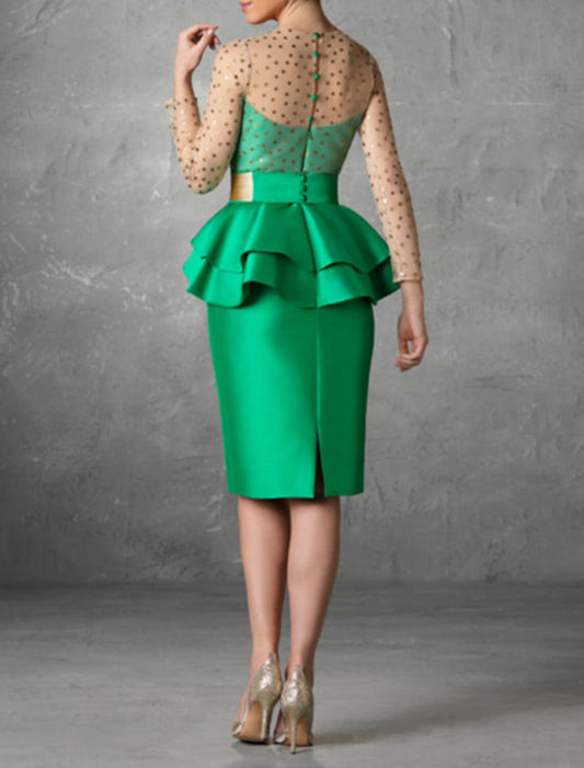 Sheath / Column Cocktail Dresses Elegant Dress Formal Fall Knee Length Long Sleeve Jewel Neck Belt / Sash Satin with Ruffles Slit 2026