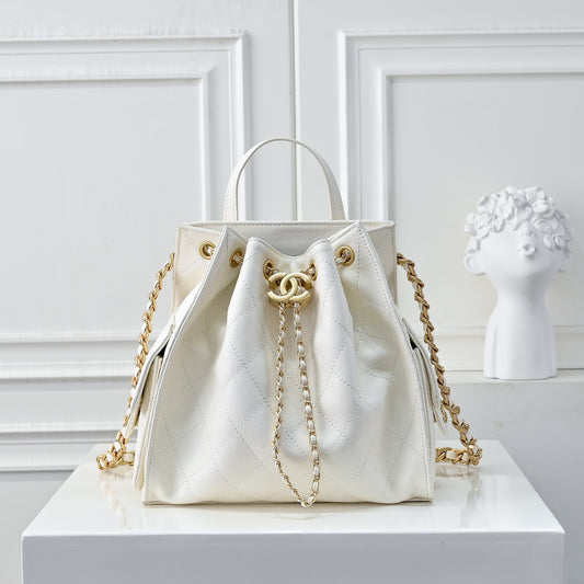 Chanel 25 Medium Size Backpack Grain Effect And Gold Metal White 23Cm As5600 B20304 10601