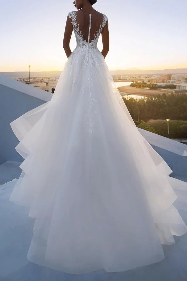 A-line illusion collar lace decal rural wedding dress