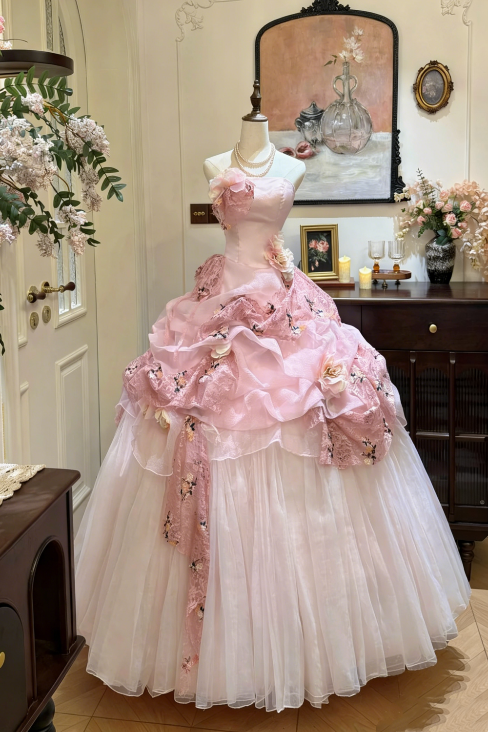 Vintage Romantic Light Pink Retro Gown - Strapless 3D Flower Layered Lace Ballgown Party Maxi Dress gh6998