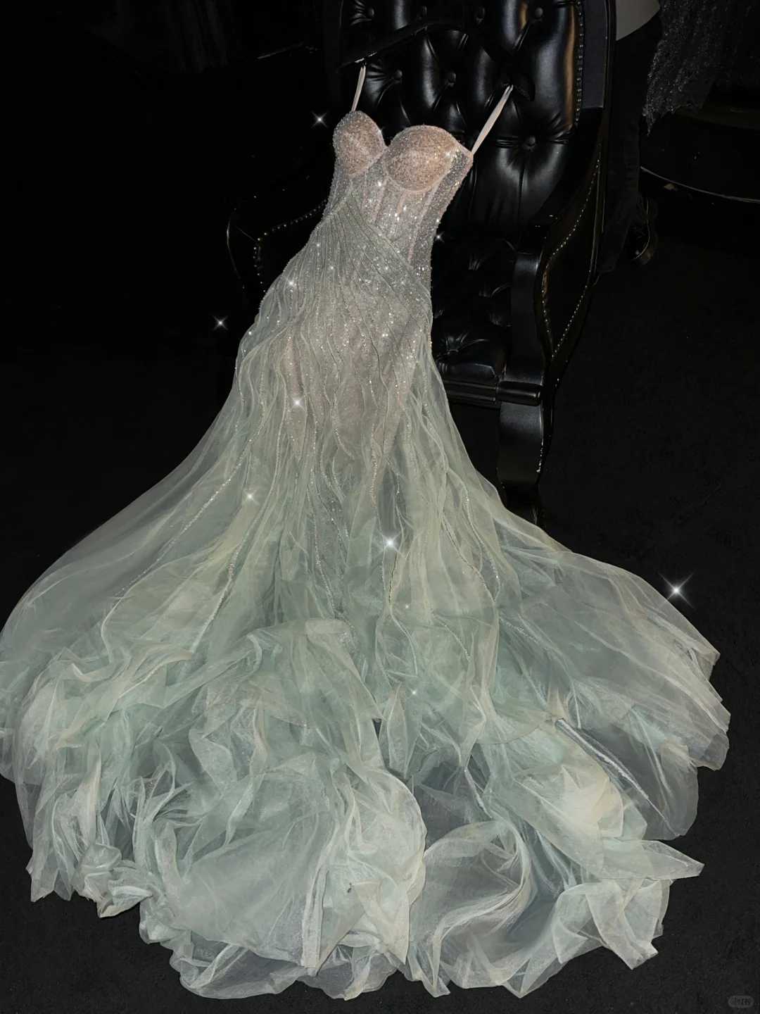 Glamorous Mint Green Ombre Beaded Tulle A-Line Ruffled Evening Gown TP5403