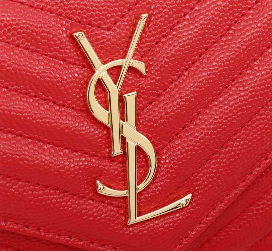 SAINT LAURENT CASSANDRE MATELASSÉ ENVELOPE CHAIN WALLET IN GRAIN DE POUDRE EMBOSSED LEATHER OPYUM RED 695108BOW016008