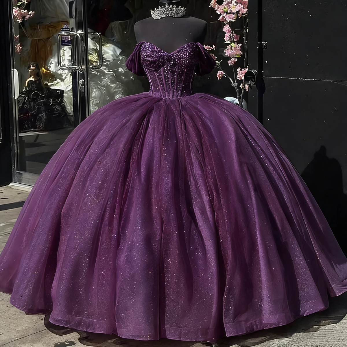 Beautiful Pink Sweetheart Sequin Off-the-shoulder Sweet 16 Quinceanera A-Line Tulle Floor-length Prom Dress Birthday Dress Evening Dress Ball Gown TP4546