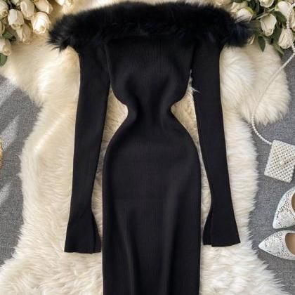 Black/white/gray autumn and winter fashion new sexy off-shoulder fashion fur collar slim hip knitted dress 11281