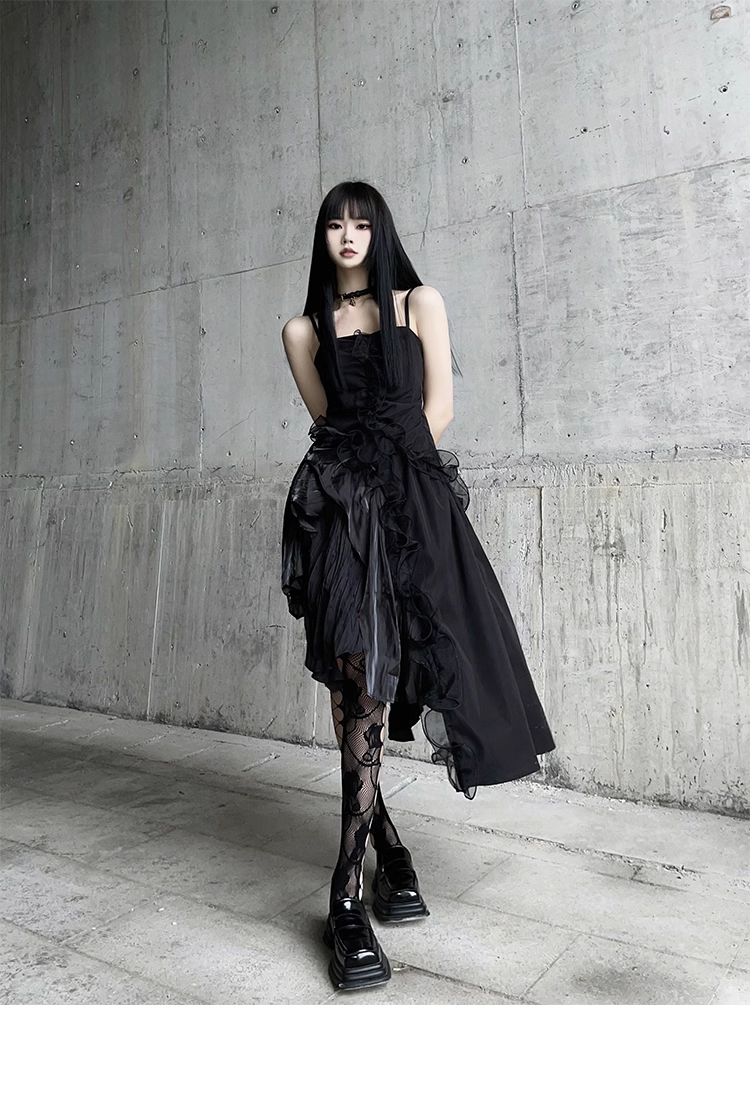 Women Fashion Black Irregular Spaghetti Strap Dress TP2908