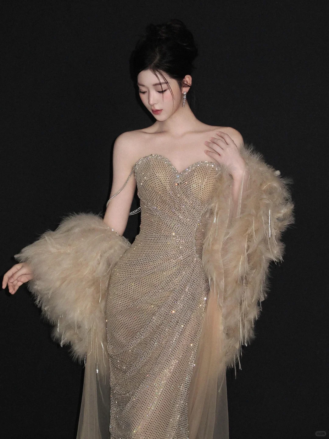 Light Gold Strapless Sequin Waist-Cinched Fitted Long Elegant Evening Dress, Fairy Gown, Romantic Gown gh7373