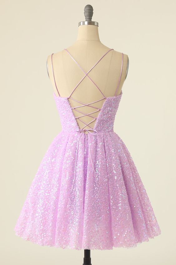 Gorgeous Pink Sequined Backless Design A-line Lace-up Short Homecoming Dress TP3596