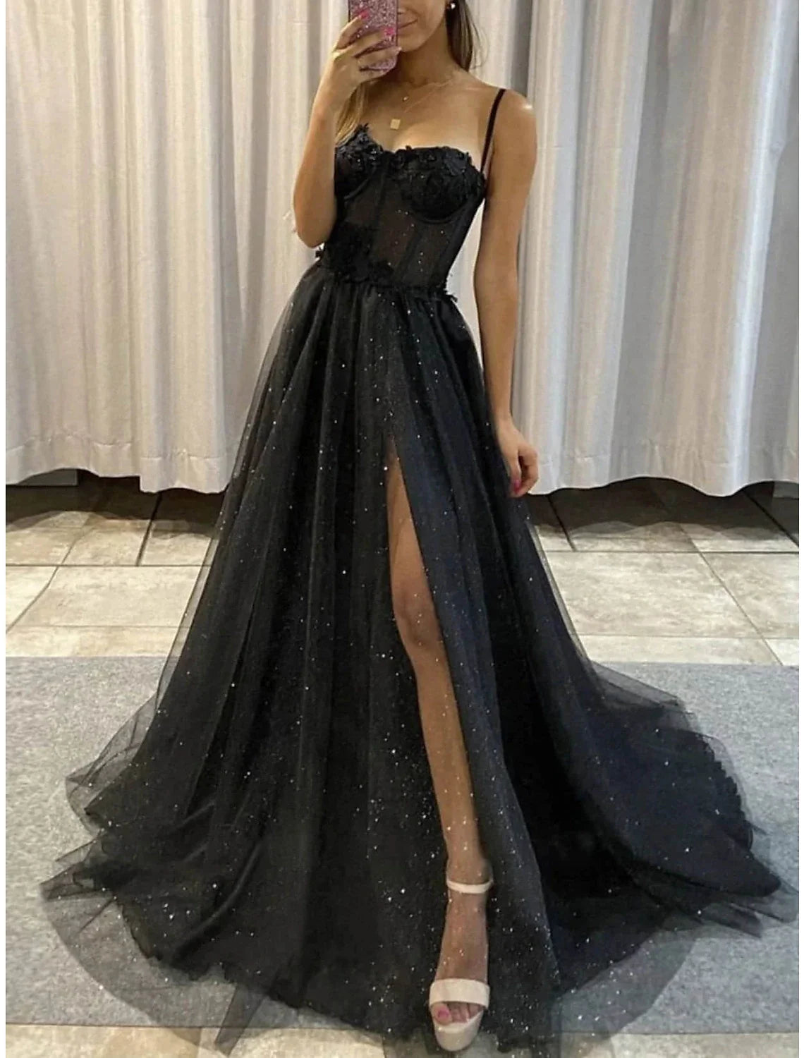 A-Line Prom Dresses Glitter Black Dress Plus Size Wedding Dresses Formal Gothic Dress Floor Length Sleeveless Sweetheart Spaghetti Tulle with Slit 2026