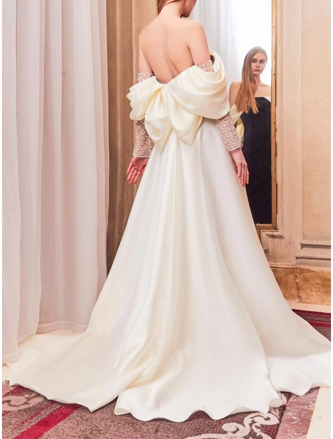 Sheath Black Dress Evening Gown Elegant Dress Formal Court Train Long Sleeve Strapless Satin with Pleats Ruched Sequin