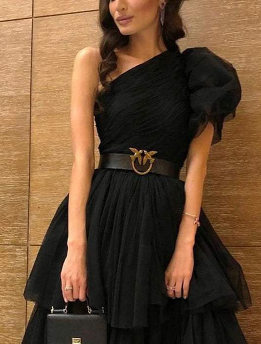 A-Line Evening Dress Black Dress Plus Size Tiered Plisse Dress Masquerade Prom Floor Length Sleeveless One Shoulder Gothic Tulle with Slit 2026