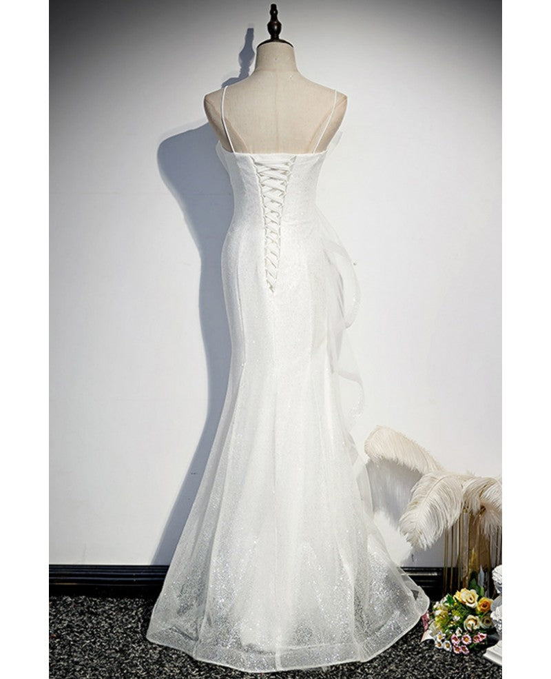 Sparkling white sleeveless off shoulder ball dress with white thin shoulder straps backless straps and floor length ruffled edge for evening dressing