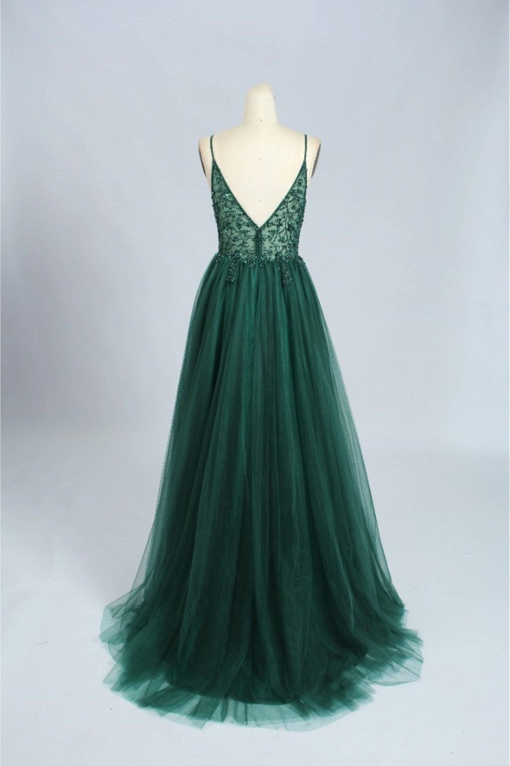 Emerald Green Beautiful V Neck Exquisite Beading Spaghetti Straps Long Tulle Handmade Custom Ball Gowns Prom Dress
