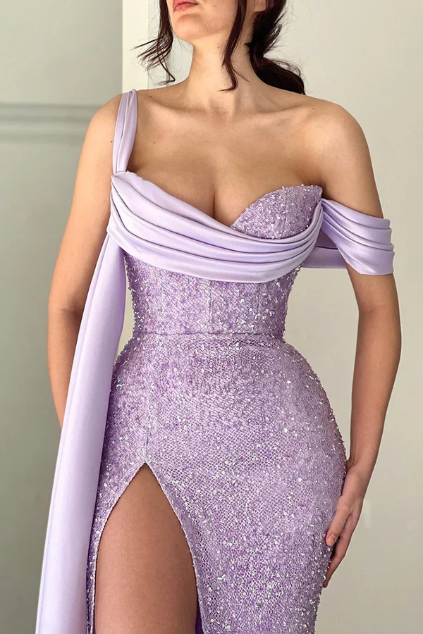 Tight one shoulder high slit length prom dress