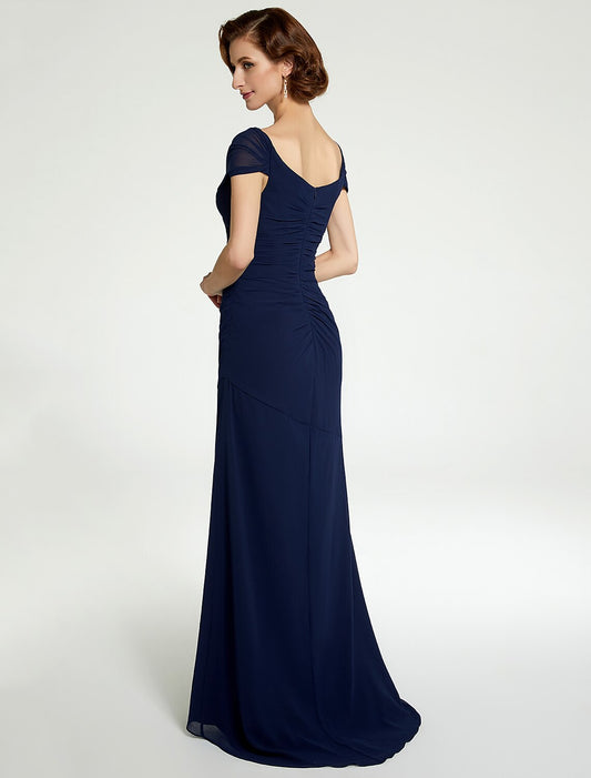 A-Line Mother of the Bride Dress V Neck Floor Length Chiffon Sleeveless with Ruching