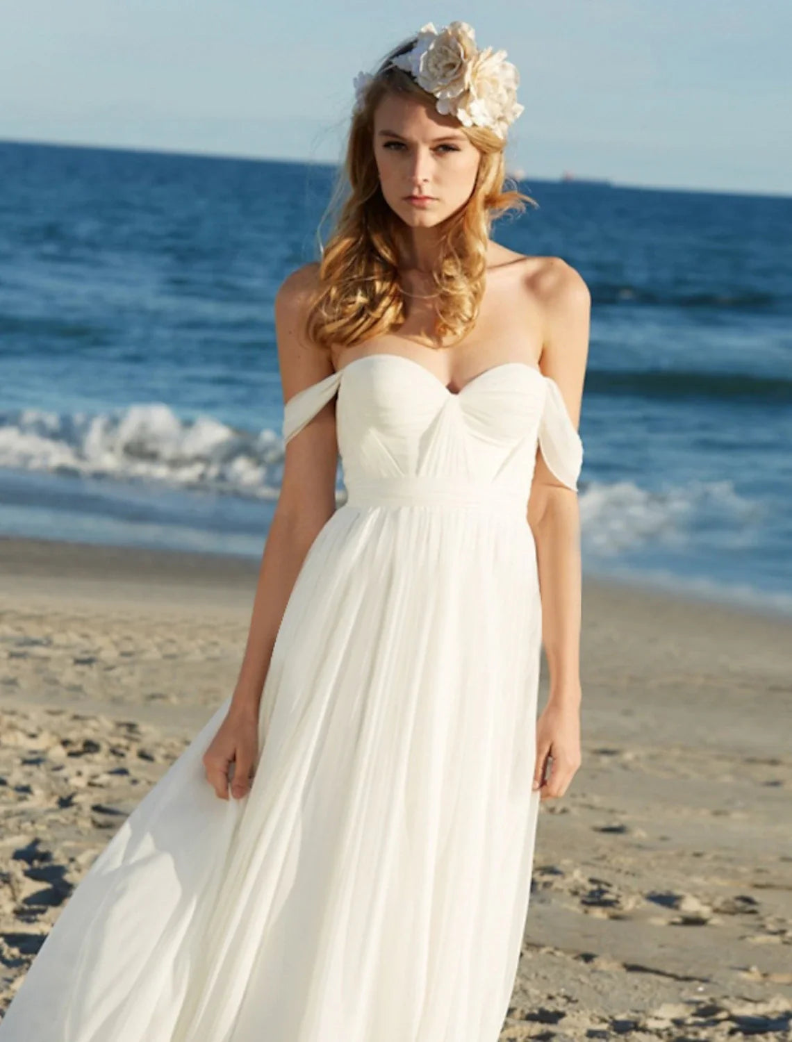Beach Sexy Boho Wedding Dresses A-Line Off Shoulder Cap Sleeve Floor Length Chiffon Bridal Gowns With Pleats Solid Color 2025 Summer Wedding Party, Women's Clothing