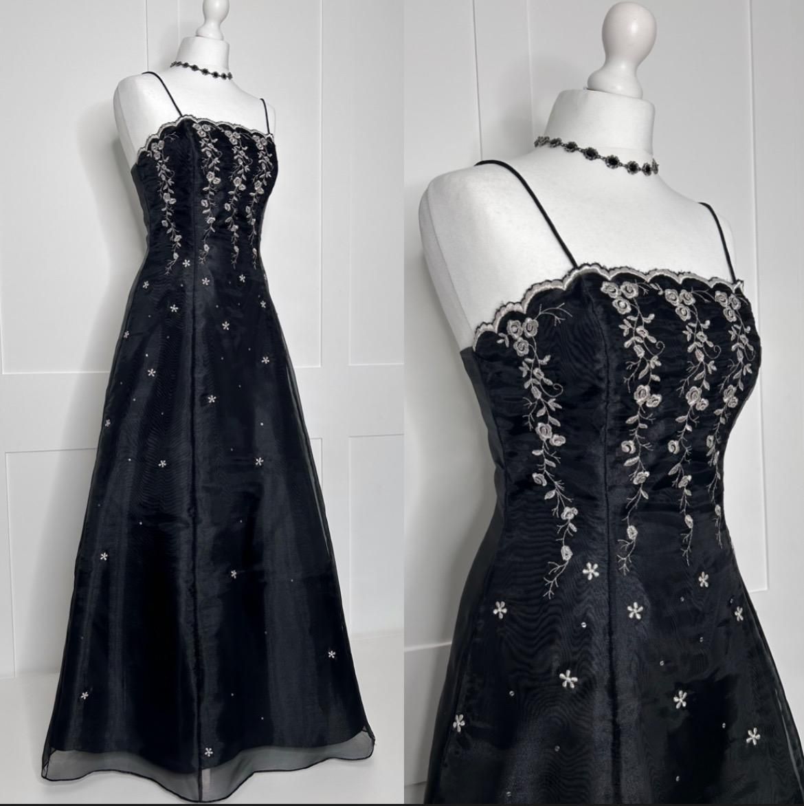 Black & Silver Embroidery Camisole Gown: Lace Trim, Sequin Decoration, Gothic-style Party Sexy Maxi Dress gh6608