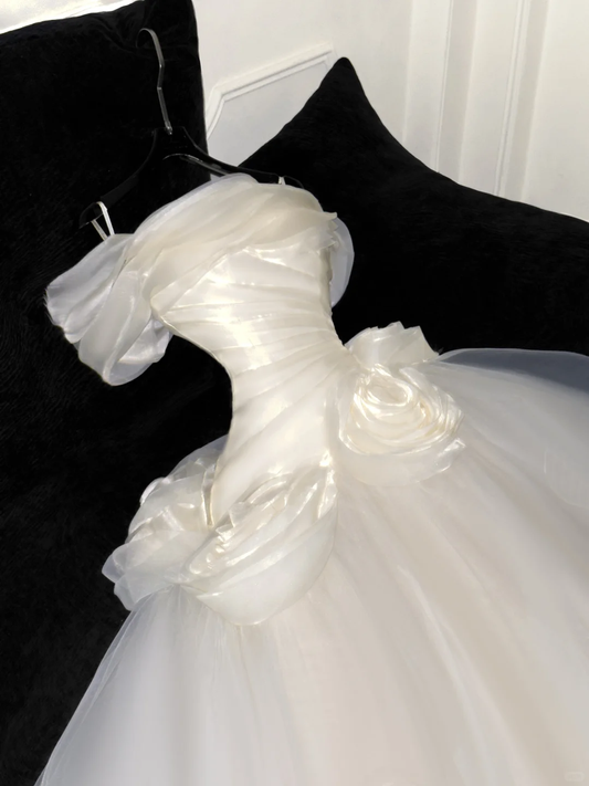 Elegant Ivory 3D Rose Satin Off-Shoulder A-Line Tulle Wedding Dress TP4221