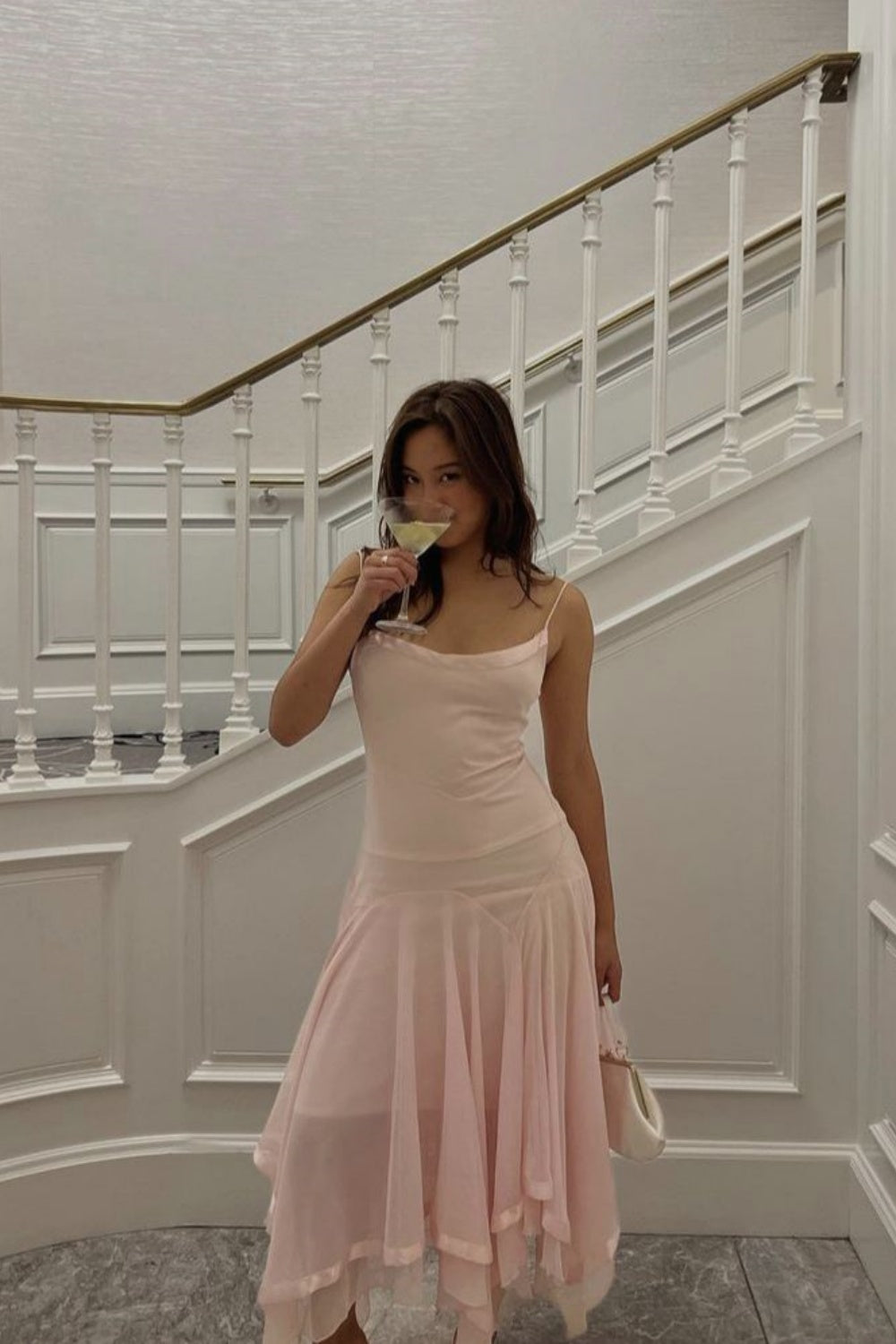 girlhomeshops--Pink Spaghetti Strap Long Ruffled Chiffon Prom Dress gh5681